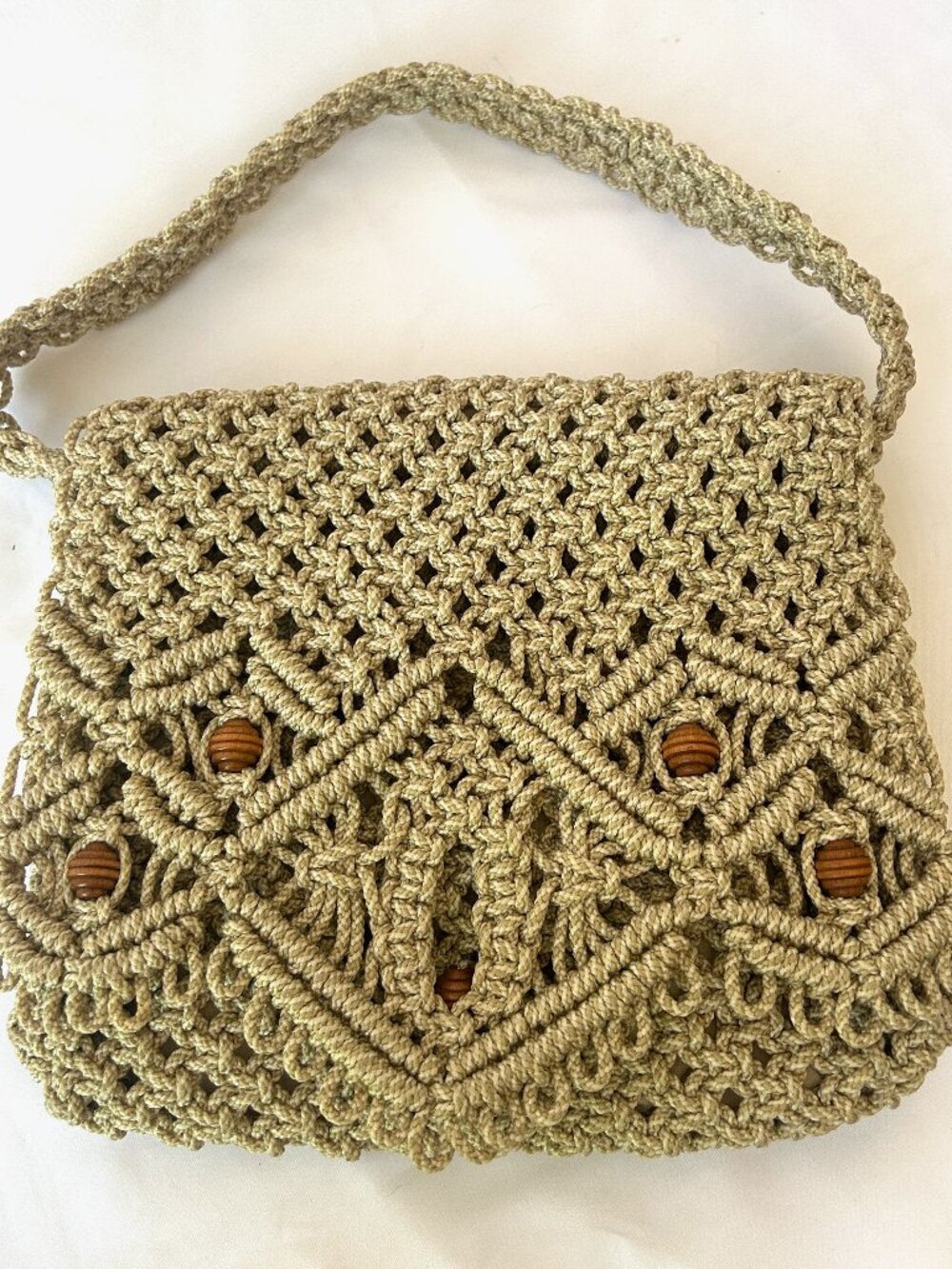Handmade Vintage One-of-a-Kind Macrame Flap Over Shoulder Bag with Wooden Beads